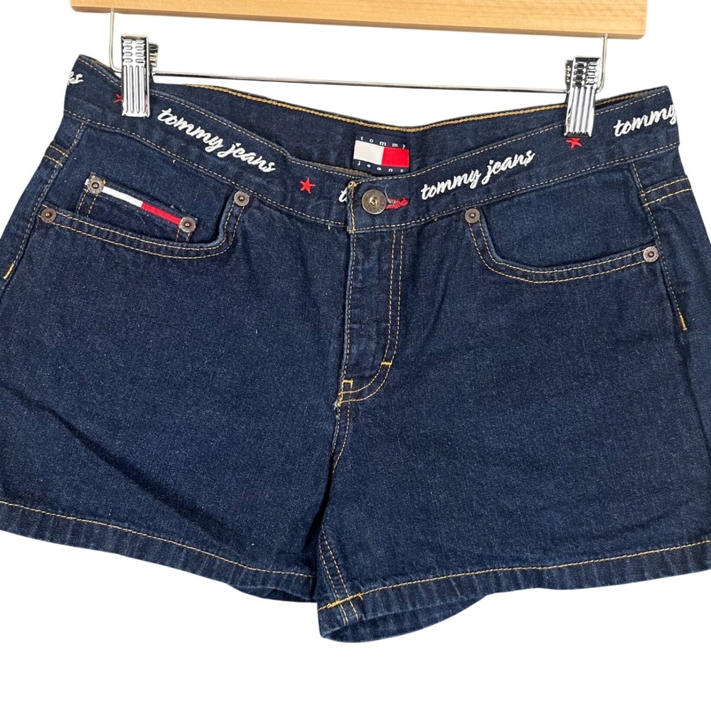 Tommy Jeans Vintage Dark Wash Embroidered Waistband Denim Shorts Blue Size 9